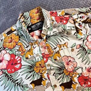 Hot Topic Corgi Tropical Hibiscus Floral Button Up Shirt Mens Medium Cream Short